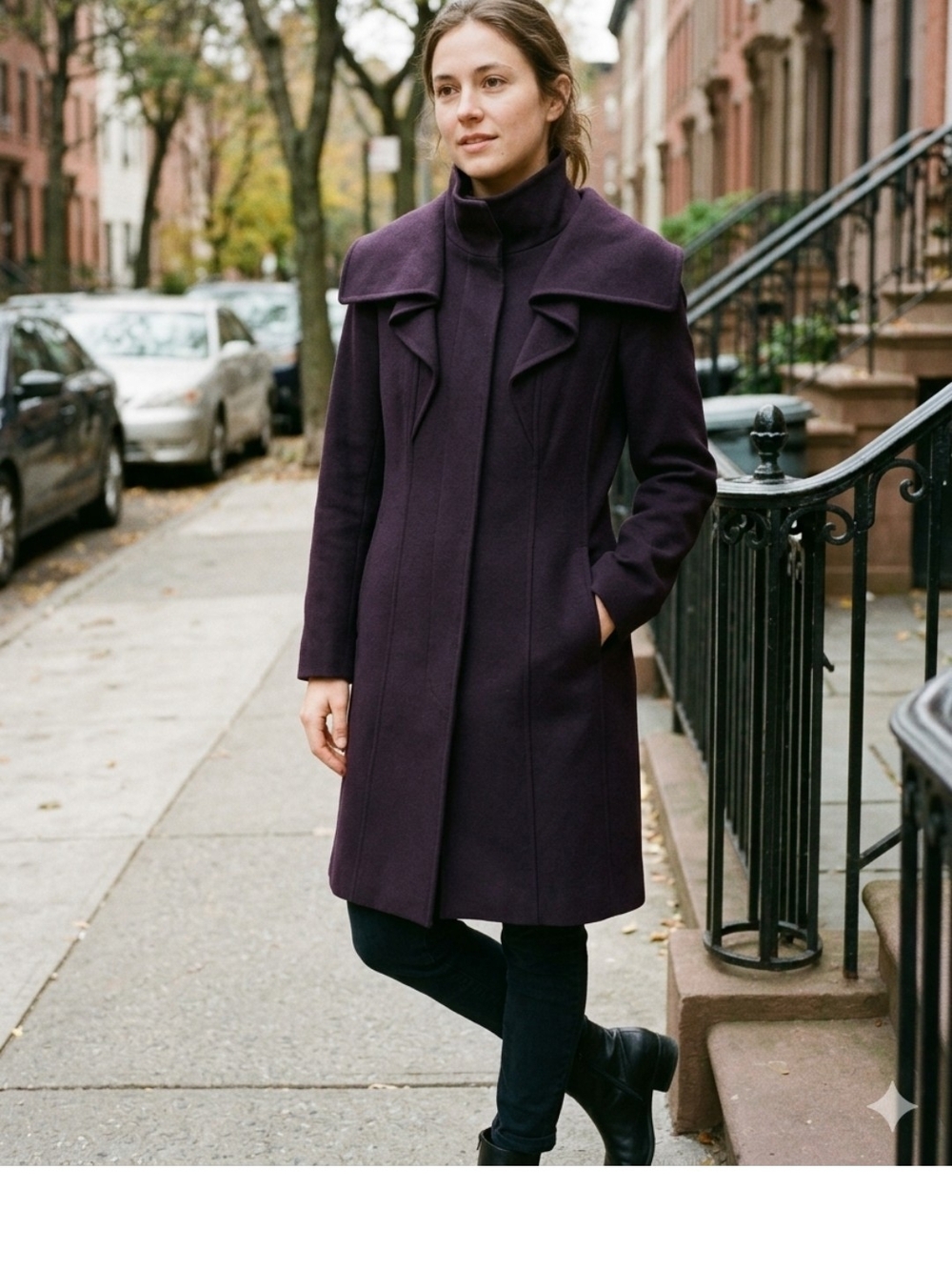 Tahari Deep Plum Purple Wool Blend Oversized Portrait Collar Coat M